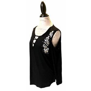Rock and Republic Cold Shoulder XL Black Top Embroidery Flower Stud Long Sleeve